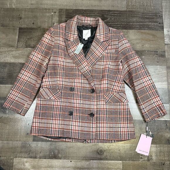 Avec Les Filles blazer womens size LP NEW Anthropologie plaid oversized dbl brea - Picture 1 of 10